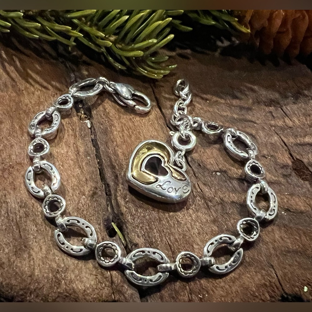 Brighton Charm Bracelet Fine Silver Plated Chain Links .999 Heart Two Tone Gold